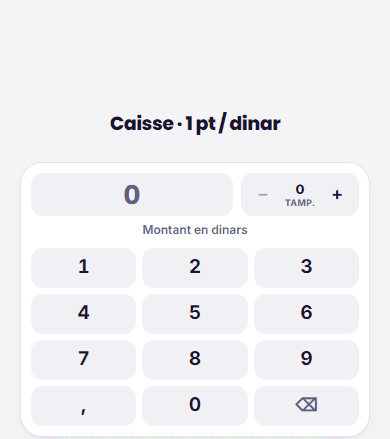 La caisse Pointili sur le téléphone du commerçant : « Caisse · 1 pt / dinar », un montant en dinars et un pavé numérique